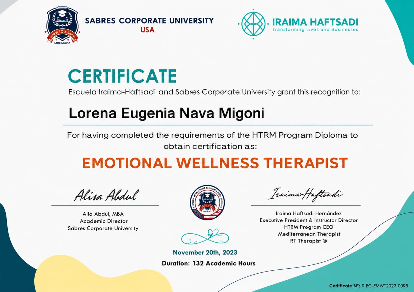 Certificación internacional: Emotional Wellness Therapist (Programa HTRM) — Lorena Eugenia Nava Migoni, Sabres Corporate University (USA) · Escuela Iraima-Haftsadi