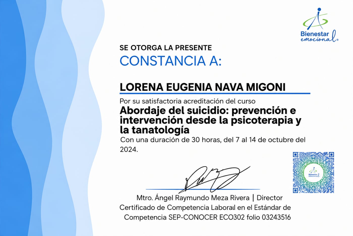 Constancia: Abordaje del suicidio: prevención e intervención desde la psicoterapia y la tanatología — Lorena Eugenia Nava Migoni, Bienestar Emocional